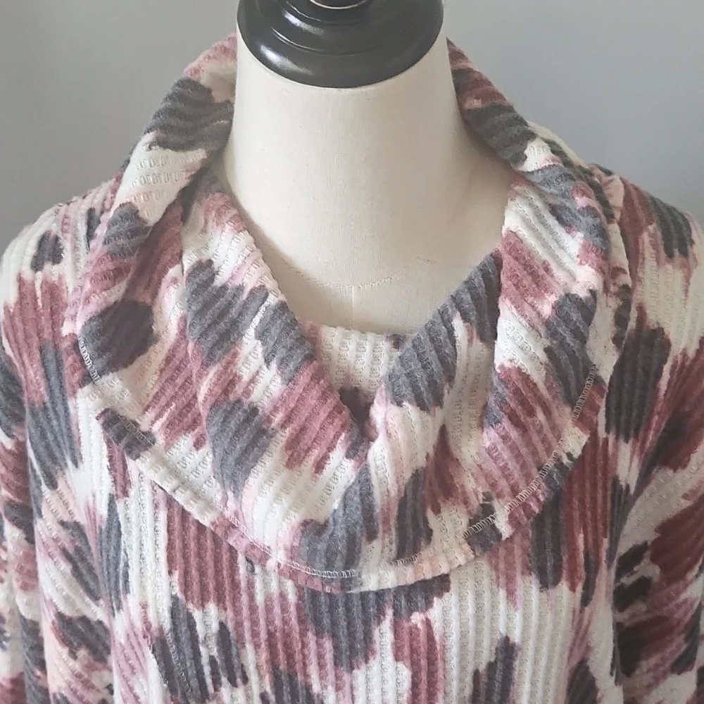 LuLaRoe Kristen Maroon, Pink, and Black Print Cowl Neck Blouse